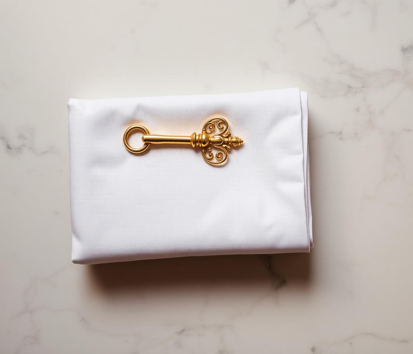 Brass key on white linen